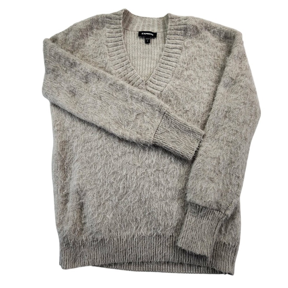 Express Fuzzy V-Neck Sweater Gray Womens Small Eyelash Knit Pullover 8371285